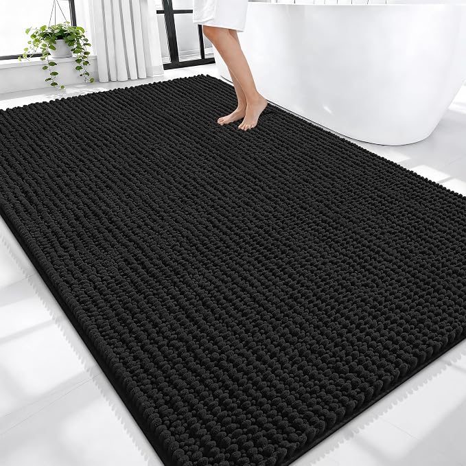 OLANLY Thick Chenille Large Bathroom Rugs 70x46, Absorbent Bath Mat, Black | Soft Bath Rugs, Rubber Backing, Machine Wash Dry, Bath Mats for Bathroom, Tub and Shower, Home Decor Accessories