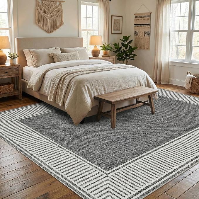 Garvee Living Room Rug 10x13 Washable Modern Bordered Bedroom Rug Grey | Large Non-Shedding Stain-Resistant Foldable Accent Rugs Ultra-Soft Non Slip Low Pile Floor Cover for Nursery Kids Room Office
