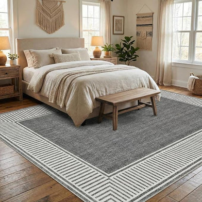 Garvee Living Room Rug 10x13 Washable Modern Bordered Bedroom Rug Grey | Large Non-Shedding Stain-Resistant Foldable Accent Rugs Ultra-Soft Non Slip Low Pile Floor Cover for Nursery Kids Room Office