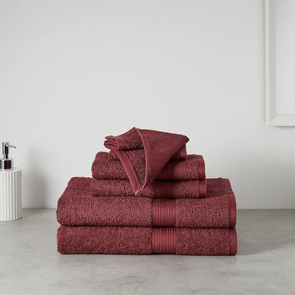 Amazon Basics Fade-Resistant 100% Cotton Washcloths for Bathroom, Soft Absorbent, 6-Piece, Crimson