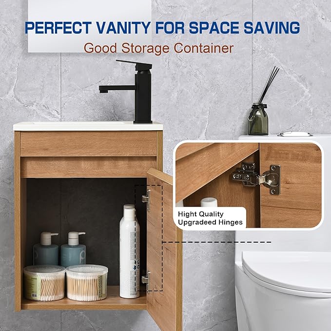 16" Bathroom Vanity Sink Combo for Small Space, Wall Mounted Bathroom Cabinet Set with White Resin Basin Sink Top Black Faucet Pop Up Drain Nature