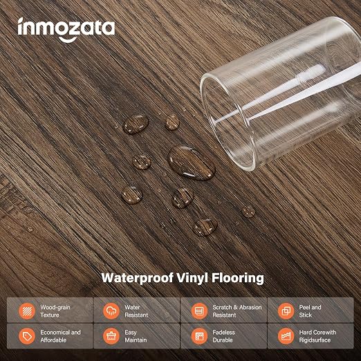 INMOZATA 36 Pack Peel and Stick Floor Tile Waterproof Vinyl Plank Flooring | 54 Sq.Ft, Heat-resistant, Wood Grain Self Adhesive Flooring for DIY Bedroom Living Room Bathroom Kitchen (Walnut)