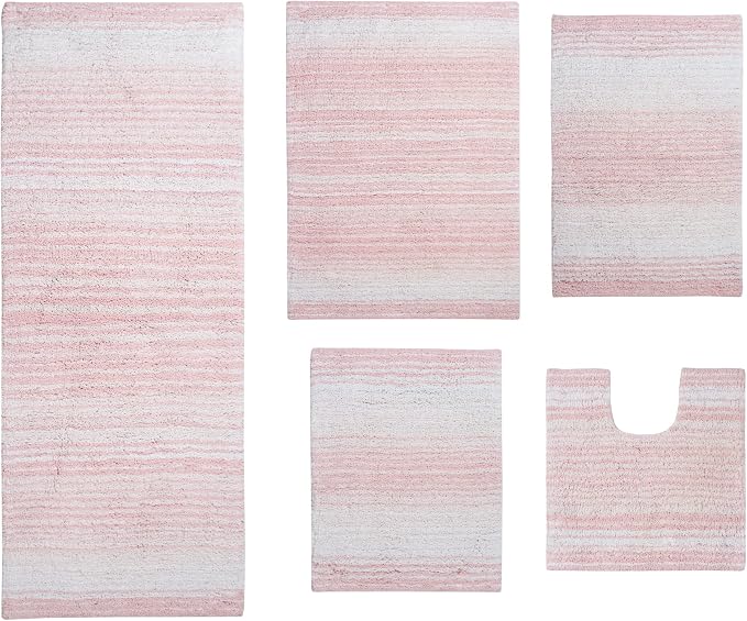 Home Weavers 100% Cotton Gradiation Collection Bathroom Décor | Washable Rug | Bathroom Mat | Kitchen Mat | Bathroom Rug Set | Bath Mat Set | Bath Floor Mat Non Slip, 5 Piece Set with Contour, Pink