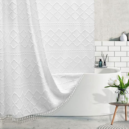Extra Long White Textured Woven Fabric Boho Shower Curtain with Tassels 72 x 80 Modern Farmhouse Minimalist, Tufted Chevron Striped Shabby Chic, Water Resistant Cloth Curtain for Bathroom, Hotel Decor
