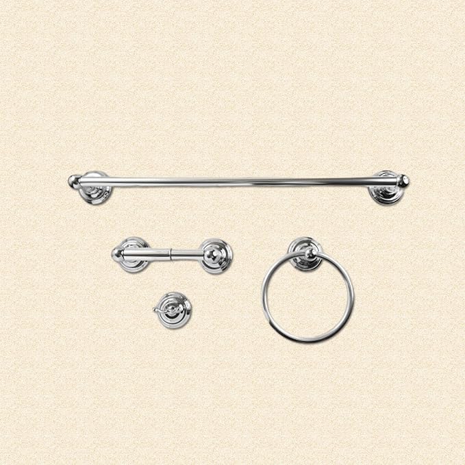 SENTO ROBIKI Modern Silver Bathroom Hardware Accessories Set, Includes Robe Hook, Toilet Paper Holder, Towel Ring, 24" Towel Bar, Duty Metal Bath Hardware Set Wall Mounted(4-Piece, Polished Chrome)