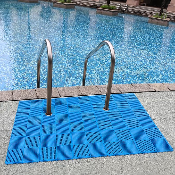 18 Pack Modular Interlocking Tiles Double Non-Slip 12"x12" Blue | 0.4" Thick with Drain Holes for Pool Deck Shower Garage Basement Boat Pet Area Wet Floors Easy Install