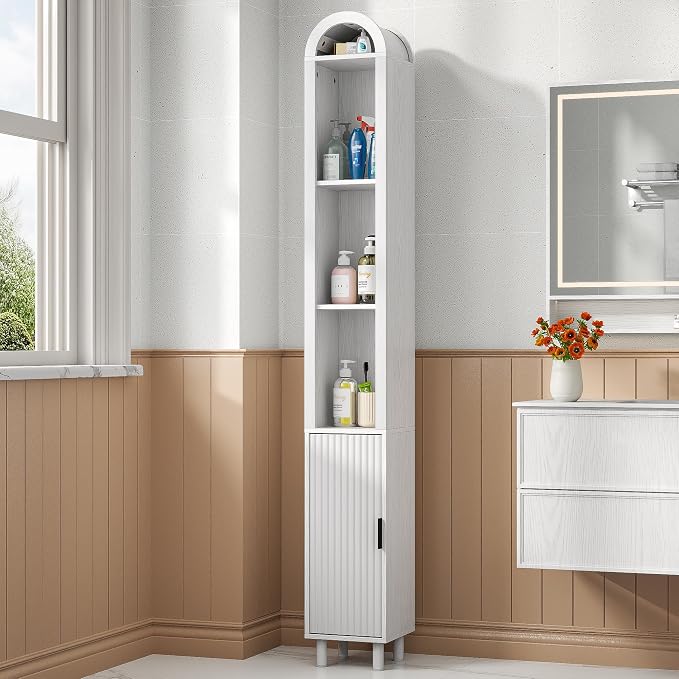 Narrow Bathroom Storage Cabinet, Tall Arched Small Wood Cabinet, Slim | Mid Century Modern White Towel Cabinet, Fluted Doors, 4 Tier Shelves, Wooden Display Cabinet for Living Dining Room, Skinny