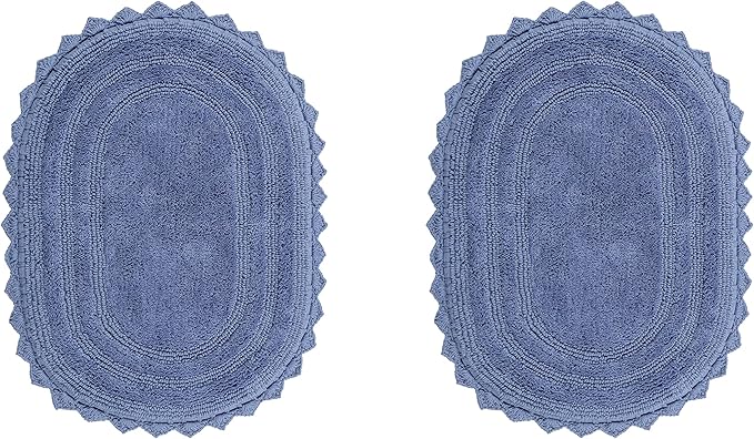 Better Trends 2 Piece Lilly Crochet Rug Set 100% Cotton Soft Oval 17x24 Bathroom Rug Water Absorbent Washable Reversible Bath Mat for Bathroom Floor Decor Bedroom Blue