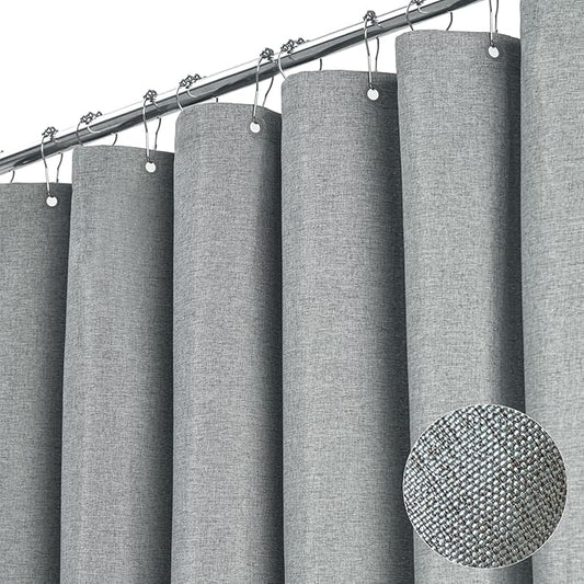 48x72 Linen Textured Waterproof Fabric Shower Curtain Set, Grey/Gray | Stall Size, 230GSM Polyester, Heavy Duty Cloth, Weighted Hem, 8 Plastic Hooks, Modern Luxury Hotel Style, Machine Washable