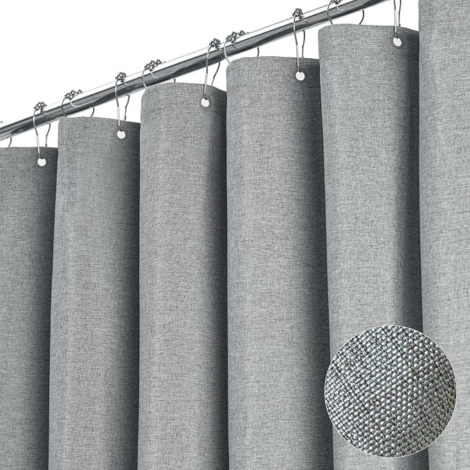 Narrow Linen Textured Waterproof Shower Curtain, 54x72, Grey/Gray | Small Size, 230GSM Polyester, Heavy Duty Fabric, Weighted Hem, 10 Plastic Hooks, Modern Luxury Hotel Style, Machine Washable