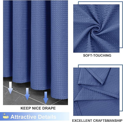 OVZME Blue Shower Curtain Set, Waffle Textured Heavy Duty Fabric Shower Curtain for Bathroom, Luxury Hotel Weighted 230GSM Bath Curtain with 12 Plastic Hooks, Machine Washable, 72x72
