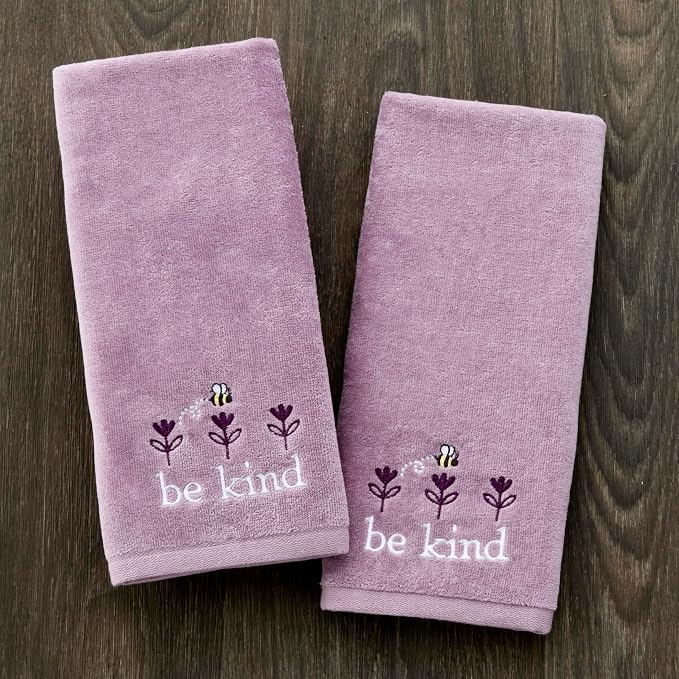 SKL Home Bee Kind Hand Towel Set-2pc, 100% Cotton, Embroidered, Lavender | Soft, decorative velour. For use in the bathroom, kitchen or bar & makes a great gift.