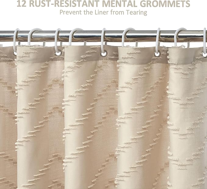 Siiluminisoy Extra Long Boho Shower Curtain, Woven Fabric 84 in Beige Shower Curtain, 72 x 84, Tufted Chevron Striped Modern Chic Textured Minimalist Bathroom