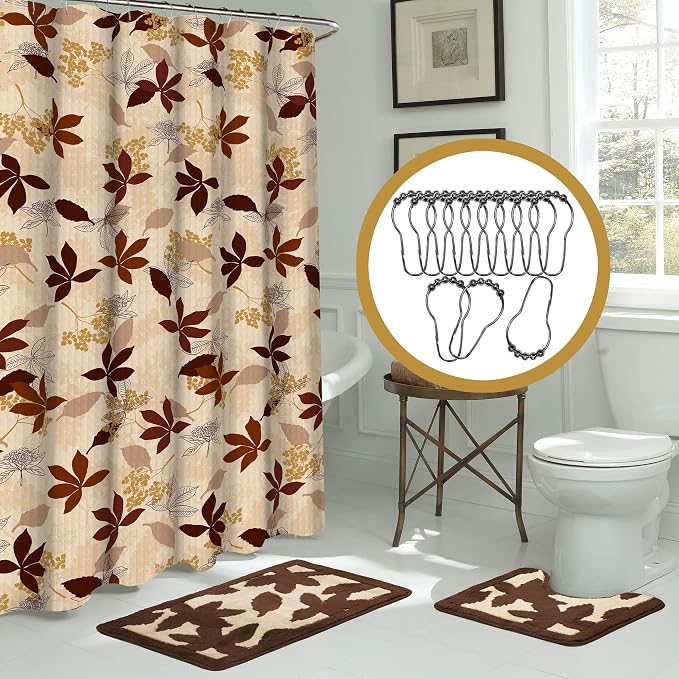 15-Piece Bathroom Shower Curtain Set – Set of 1 Shower Curtain & 12 Metal Hooks & 1 Bath Mat & 1 Contour Mat, Modern Bathroom Décor, Machine Washable, Blowing Leaves Chocolate