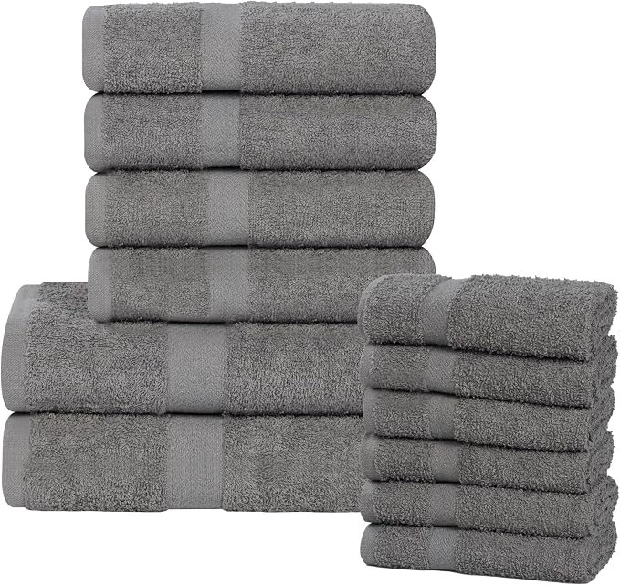 Superior 12-Piece Cotton Assorted Towel Set, Includes 6 Face Towel, 4 Hand, and 2 Bath Towels, Home, Bathroom, Guest Bath Essentials, Quick Dry, Absorbent, Franklin Collection - Charcoal