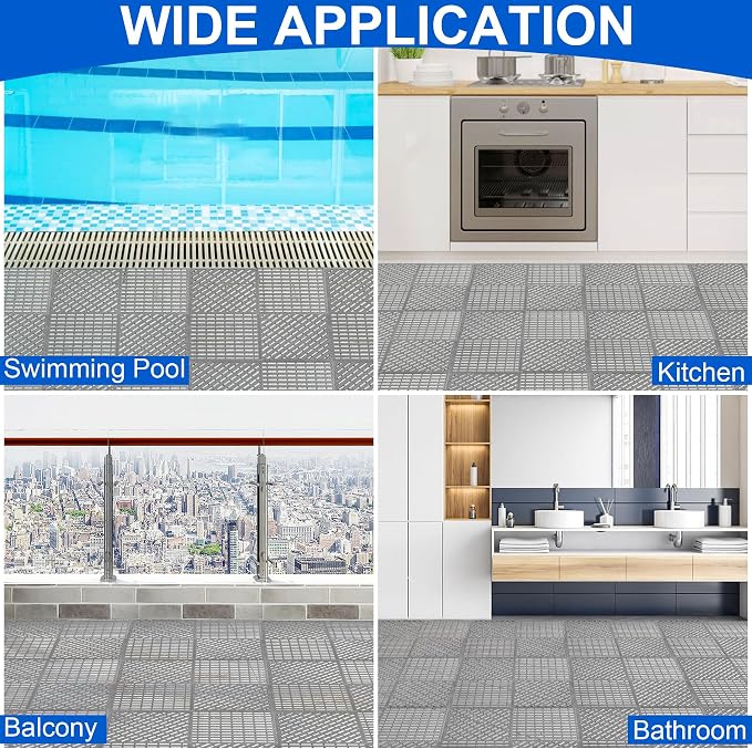 Modular Interlocking Cushion 12 Pack 11.8" x 11.8" Rubber Floor Tiles Non-Slip Splicing Drainage Mats for Deck, Pool, Shower, Patio, Balcony, Bathroom, Kitchen, Yard (Diagonal, Gray)