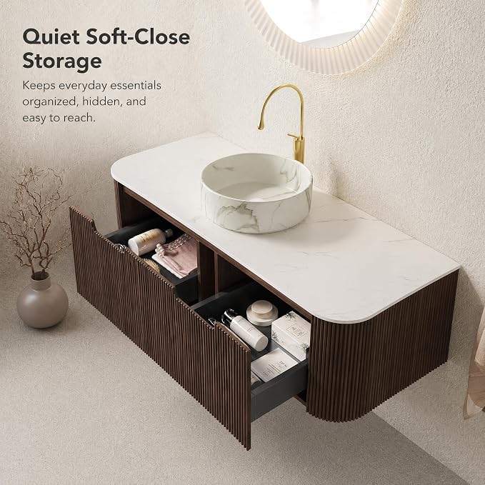 48 Inch Bathroom Vanity with Sink, Floating Wall Mounted Single Sink Vanity, Dark Walnut Curved Fluted Front, Stone Top, Marble-Look Round Vessel Basin, Pre-Assembled