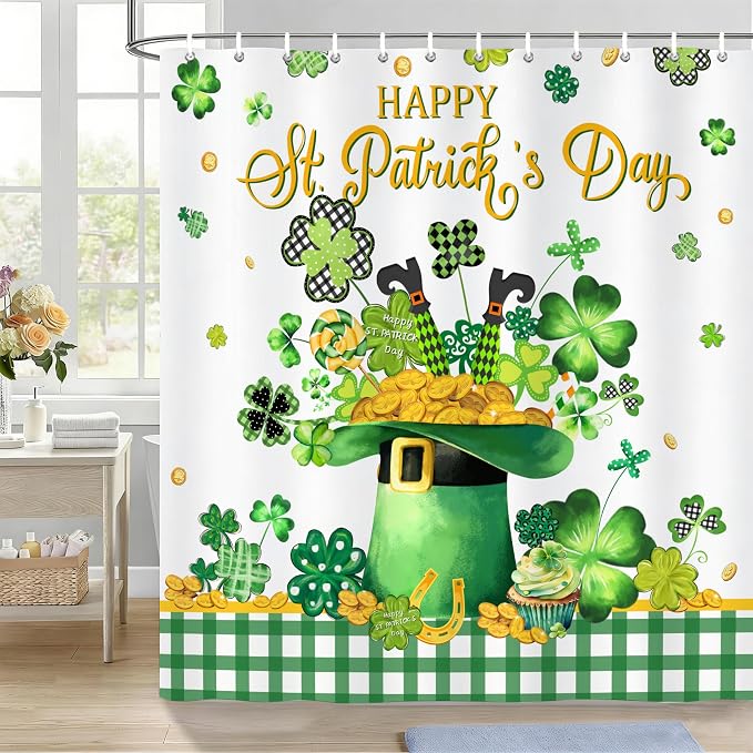 St. Patrick's Day Shower Curtain Shamrock Shower Curtains Waterproof Fabric Bath Curtains with 12 Hooks for St. Patricks Day Home Bathroom Decor, 72 x 72 Inches