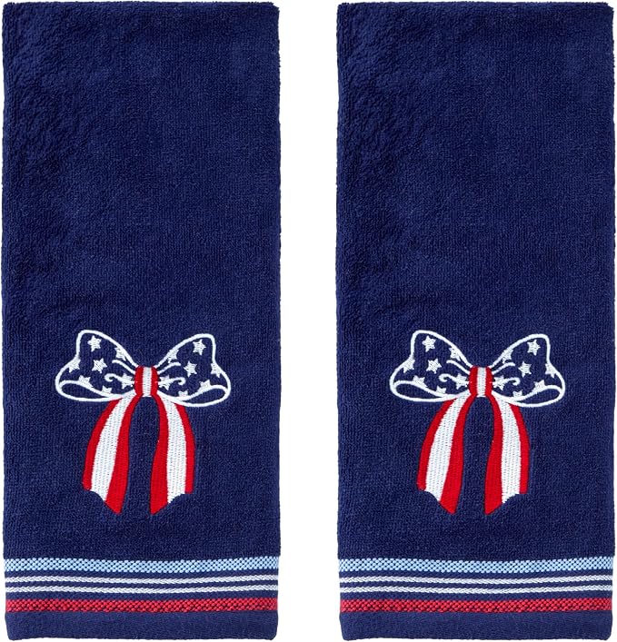 SKL Home Americana Bow Hand Towel Set-2pc, 100% Cotton, Embroidered, Navy | Fun for Memorial Day, 4th of July, Labor Day & all patriotic holidays. For use in the bathroom, kitchen or bar.