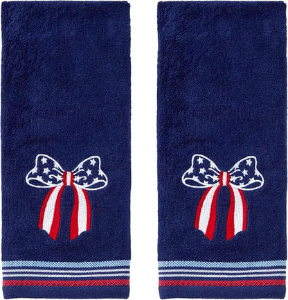 SKL Home Americana Bow Hand Towel Set-2pc, 100% Cotton, Embroidered, Navy | Fun for Memorial Day, 4th of July, Labor Day & all patriotic holidays. For use in the bathroom, kitchen or bar.