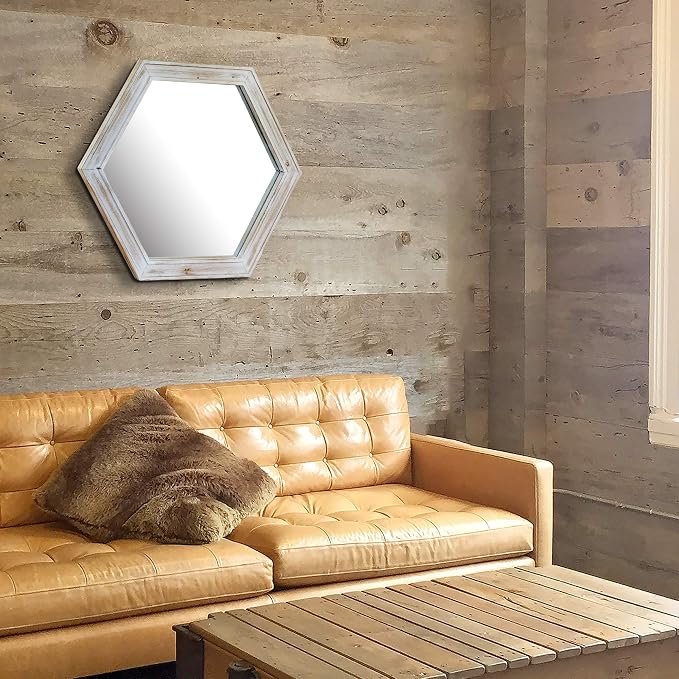 Stonebriar Decorative 24" Hexagon Wall Mirror with Worn White Wood Frame and Attached Hanging Bracket, Decorative Country Rustic Decor for the Living Room, Bedroom, Bathroom, Hallway, and Entryway