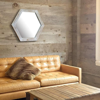 Stonebriar Decorative 24" Hexagon Wall Mirror with Worn White Wood Frame and Attached Hanging Bracket, Decorative Country Rustic Decor for the Living Room, Bedroom, Bathroom, Hallway, and Entryway