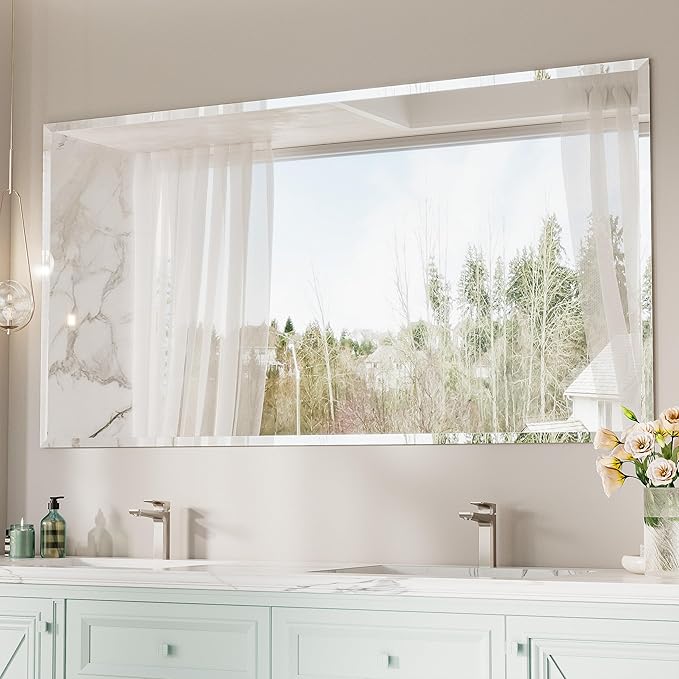 Keonjinn Beveled Bathroom Mirror 72“ x 36”, Large Bathroom Mirrors for Over Sink, Shatterproof Wall Mirror, Modern Decorative for Living Room, Entryway, Bedroom, Horizontal/Vertical