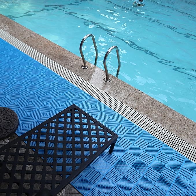 9 Pack Interlocking Rubber Floor Tiles Soft Non-Slip Outdoor Shower Mat with Drainage Holes for Slippery Areas, 12"×12" Blue
