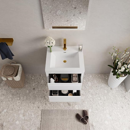 Modern 24" Wall-Mounted Bathroom Vanity with Sink | Floating Storage Cabinet, Stone Resin Countertop, Soft Close Drawers | Glossy White