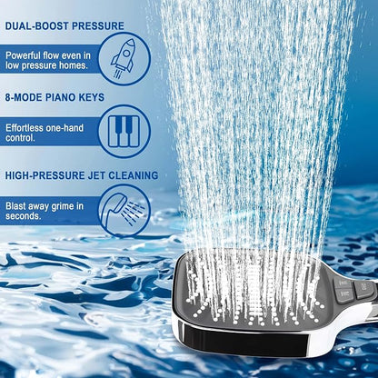 High Pressure Shower Head with Handheld Spray, 8-Mode Powerful Handheld Shower Head with High-Pressure Jet Setting for Bathroom Cleaning, Silicone Nozzles, gray