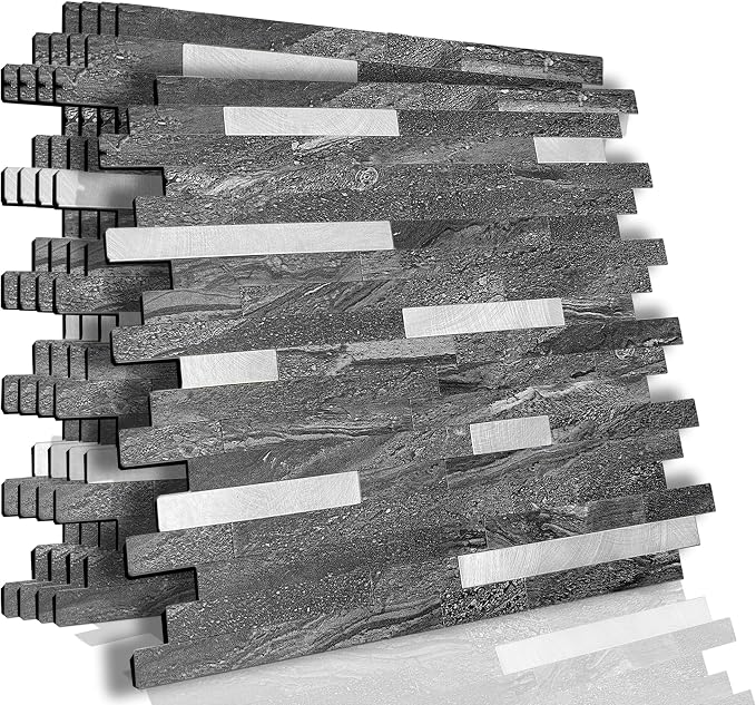 KASARO Peel and Stick Marble Backsplash Tile, 10 Sheets, Black Marble with Silver Embellished Stripes, Self-Adhesive Wall Tile for Kitchen, Bathroom, Fireplace, RV (11.4” x 10.6”)