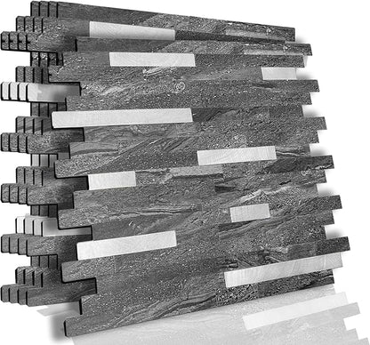 KASARO Peel and Stick Marble Backsplash Tile, 10 Sheets, Black Marble with Silver Embellished Stripes, Self-Adhesive Wall Tile for Kitchen, Bathroom, Fireplace, RV (11.4” x 10.6”)