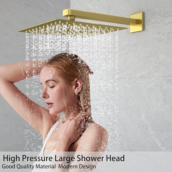 Gold High Pressure Shower System Set with Tub Spout,12 inch | Safe Pressure Balance Valve Bathroom Shower Faucet Set with Handheld, All-Metal Water Saving Rainfall Shower Trim Kit