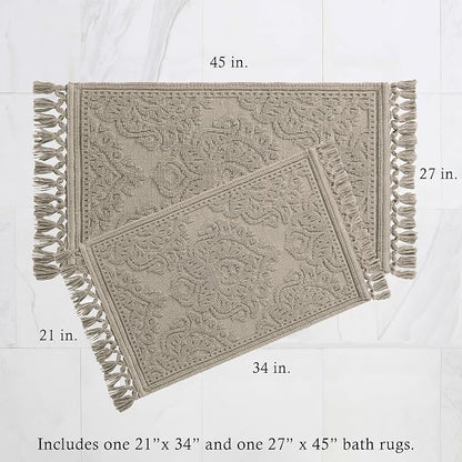 Jean Pierre - Ricardo Bath Mats, Set of 2 Woven Fringe Bathroom Rugs, 100% Cotton, Premium Bathroom Decor - Measures 17" x 31" and 21" x 41" - Linen