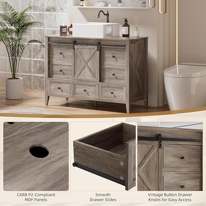 VNN Bathroom Vanity with Sink - 48 Inch Bathroom Vanity with Sink Ceramic, Freestanding Cabinet with Farmhouse Sliding Barn Door and 7 Drawers, Space-Saving Storage Cabinet, Wood Grain Texture, Grey
