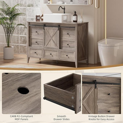 VNN Bathroom Vanity with Sink - 48 Inch Bathroom Vanity with Sink Ceramic, Freestanding Cabinet with Farmhouse Sliding Barn Door and 7 Drawers, Space-Saving Storage Cabinet, Wood Grain Texture, Grey