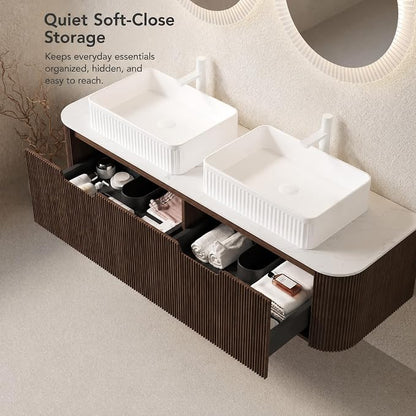 60 Inch Double Sink Bathroom Vanity, Floating Wall Mounted Cabinet, Dark Walnut Curved Fluted Front, Stone Top, Dual White Textured Rectangular Vessel Basins, Pre-Assembled
