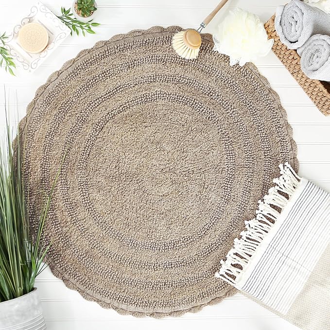 DII Crochet Collection Reversible Bath Mat, Round, 27.5" Diameter, Stone