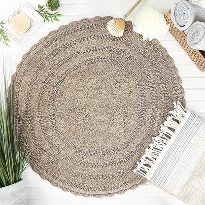 DII Crochet Collection Reversible Bath Mat, Round, 27.5" Diameter, Stone