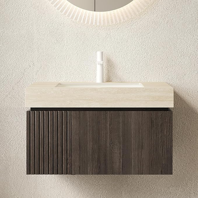 30” Floating Bathroom Vanity with Sink, Wall-Mounted Cabinet with Drawer & Doors, Roma Travertine-Pattern Countertop, Undermount Basin, Single Faucet Hole, Soft-Close, Pre-Assembled, Dark Oak