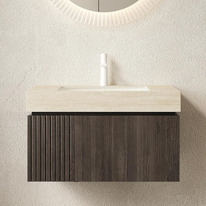 30” Floating Bathroom Vanity with Sink, Wall-Mounted Cabinet with Drawer & Doors, Roma Travertine-Pattern Countertop, Undermount Basin, Single Faucet Hole, Soft-Close, Pre-Assembled, Dark Oak