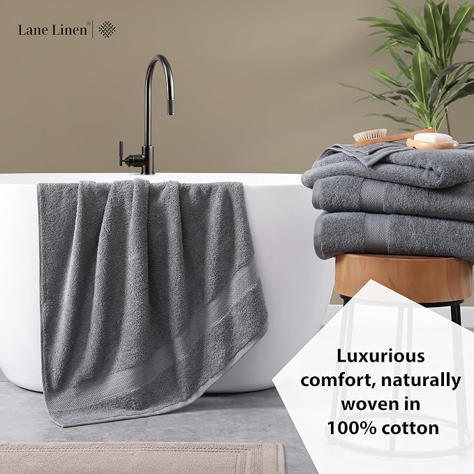 LANE LINEN Towel Set Quick Dry 100% Cotton 4 Piece Soft - Cool Grey | Cotton Towels For Bathroom - Ring-Spun Durability, Ring-Spun Cotton, Terry Weave Comfort, Long-Lasting Comfort