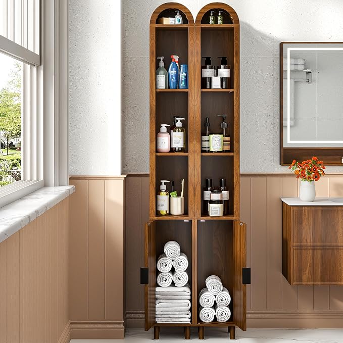 Narrow Bathroom Storage Cabinet Set, Tall Arched Small Wood Cabinet, Slim | Skinny Mid Century Modern Towel Cabinet, Fluted Doors, 4 Tier Shelves, Wooden Display Cabinet for Living Room, Walnut, 2 Pcs