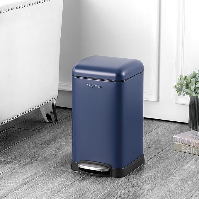 happimess Betty Retro Mini 3.2 Gal Step Trash Can, Denim Blue | Soft-Close Lid, Removable Liner, Iron, Hands-Free Pedal, Satin Finish, Non-Skid Base, Built-In Damper, Modern, Minimalistic