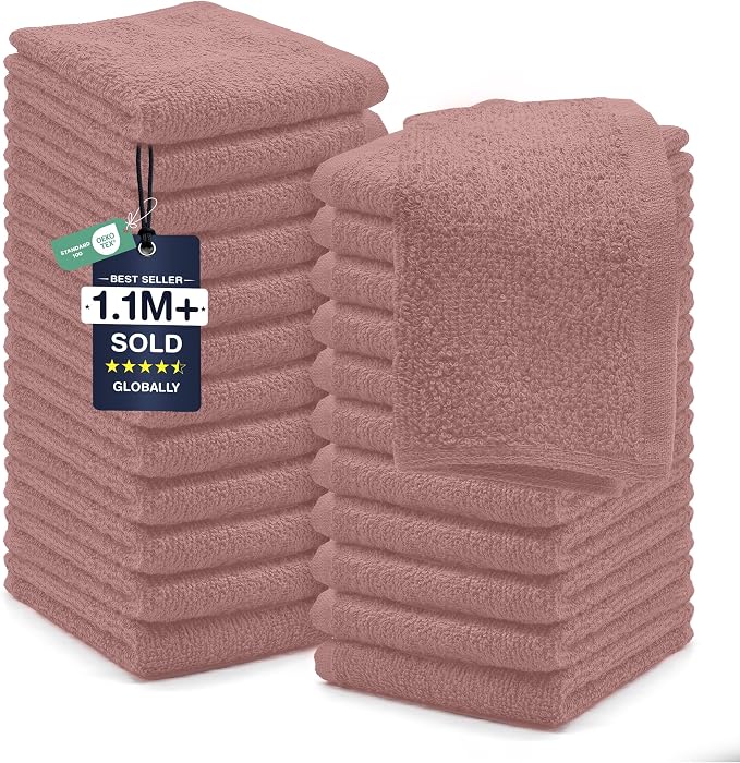 DAN RIVER 24 Pack Cotton Wash Cloths Set for Showering [12x12] Dusty Pink | Lighter Weight, Quick to Dry, Super Soft & Absorbent Face Towels, Hotel Quality, Perfect for Bathroom, Gym, Spa