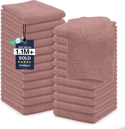 DAN RIVER 24 Pack Cotton Wash Cloths Set for Showering [12x12] Dusty Pink | Lighter Weight, Quick to Dry, Super Soft & Absorbent Face Towels, Hotel Quality, Perfect for Bathroom, Gym, Spa
