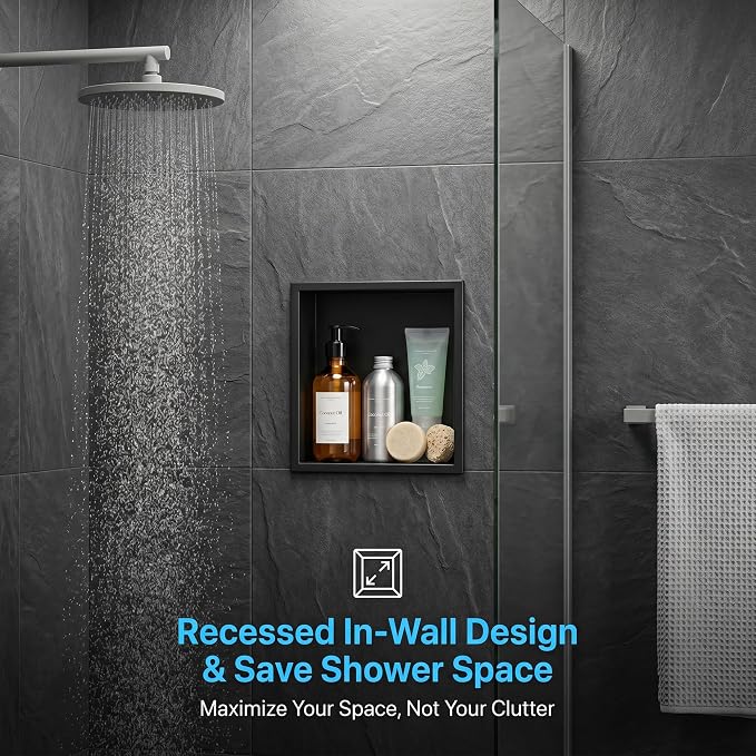 304 Stainless Steel Shower Niche 12” x 12” for Bathroom Storage | Waterproof Matte Black Recessed Shower Niche No Tile Needed with 2-Tier Shelves