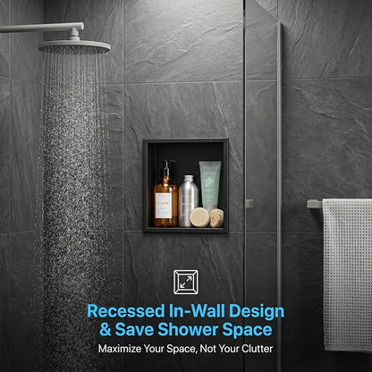 304 Stainless Steel Shower Niche 12” x 12” for Bathroom Storage | Waterproof Matte Black Recessed Shower Niche No Tile Needed with 2-Tier Shelves