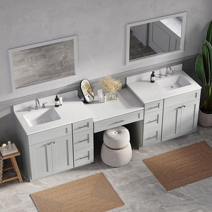 102" Bathroom Vanity with 6 Drawers, Carrara Quartz Top and Ceramic Sink, Shaker Style, Solid Wood Frame, 5 Piece Vanity with 3 Piece Countertop, 103" x 22"x35.25 (Gray)