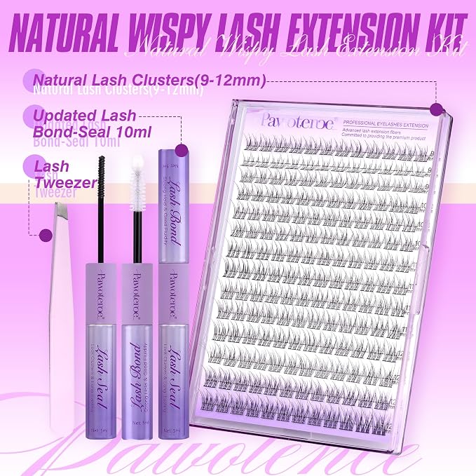Lash Extension Kit Wispy Lash Clusters Kit 9-12mm Natural Individual Lashes Kit 168pcs Cluster Eyelash Extension Kit with Lash Bond and Seal, Lash Applicator for Self Use